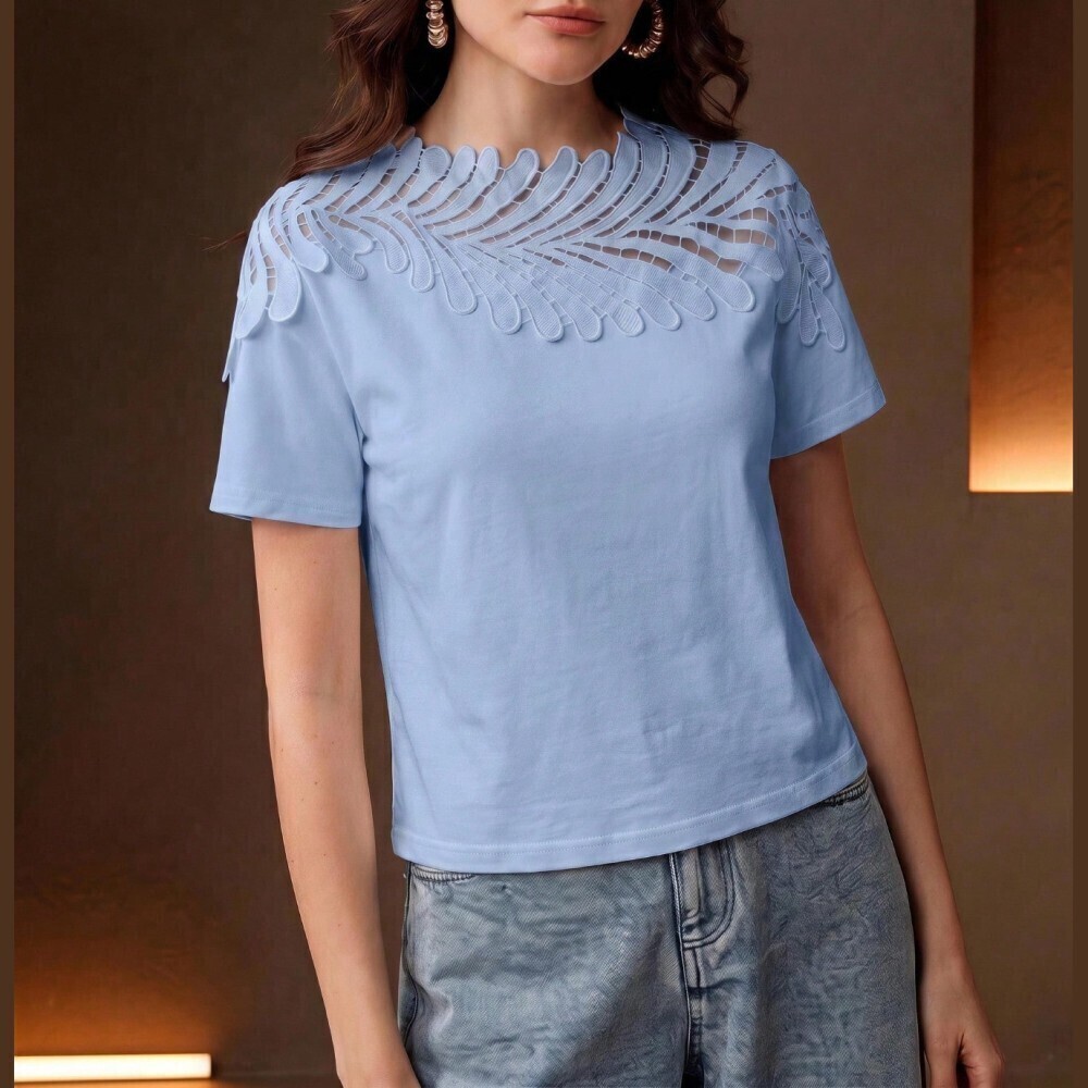 Sky Blue Leaf Cutout Lace Yoke Short Sleeve Round Neck Tee